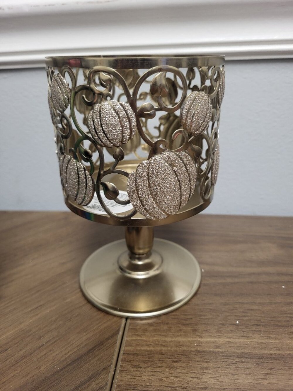 Bath & Body Works Gold Shimmer Pumpkins 3 Wick Pedestal Candle Holder Sleeve BBW